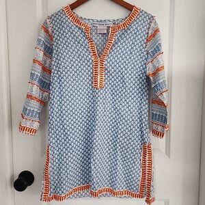 Gretchen Scott Tunic Blouse Size M Blue White Geometric Print Orange Beaded Trim